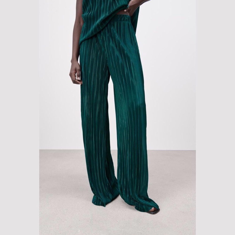 Dark Green shirred stretch pleated wide leg palozzo pants trousers elastic waist